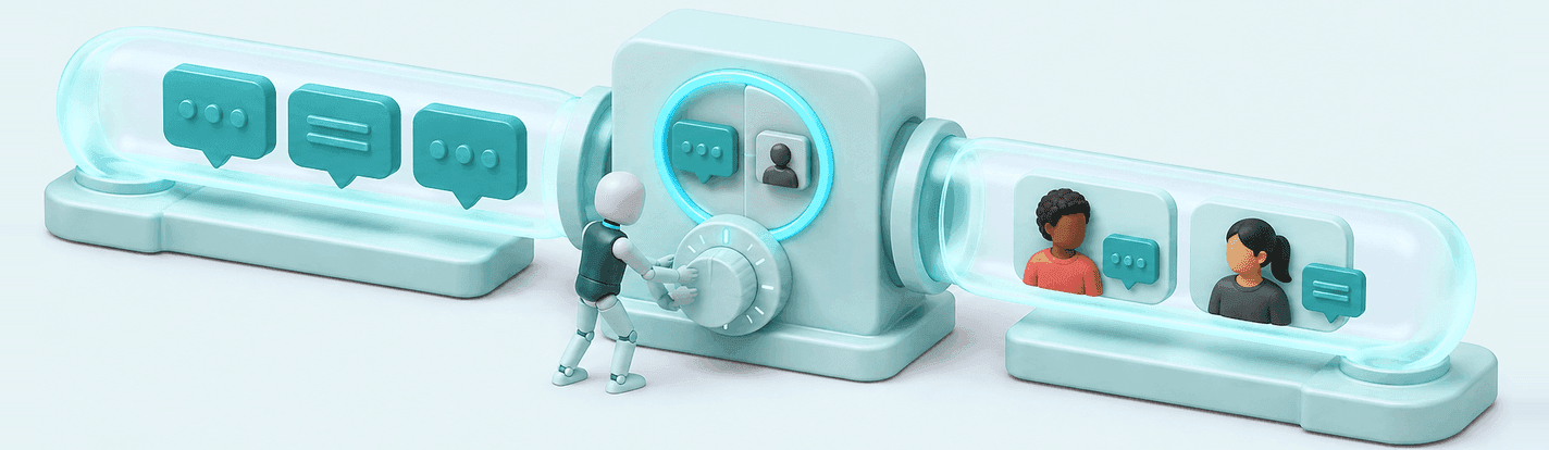 Illustration of a robot inspecting chat messages and conversations moving through a pipeline