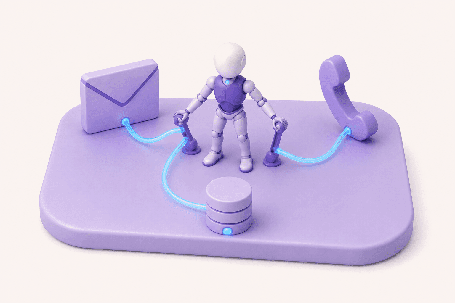 Isometric illustration of a person connected to email, calls, and data sources